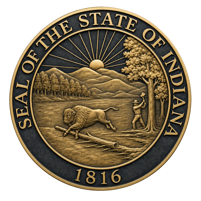 Stylized rendering of the Seal of the State of Indiana.